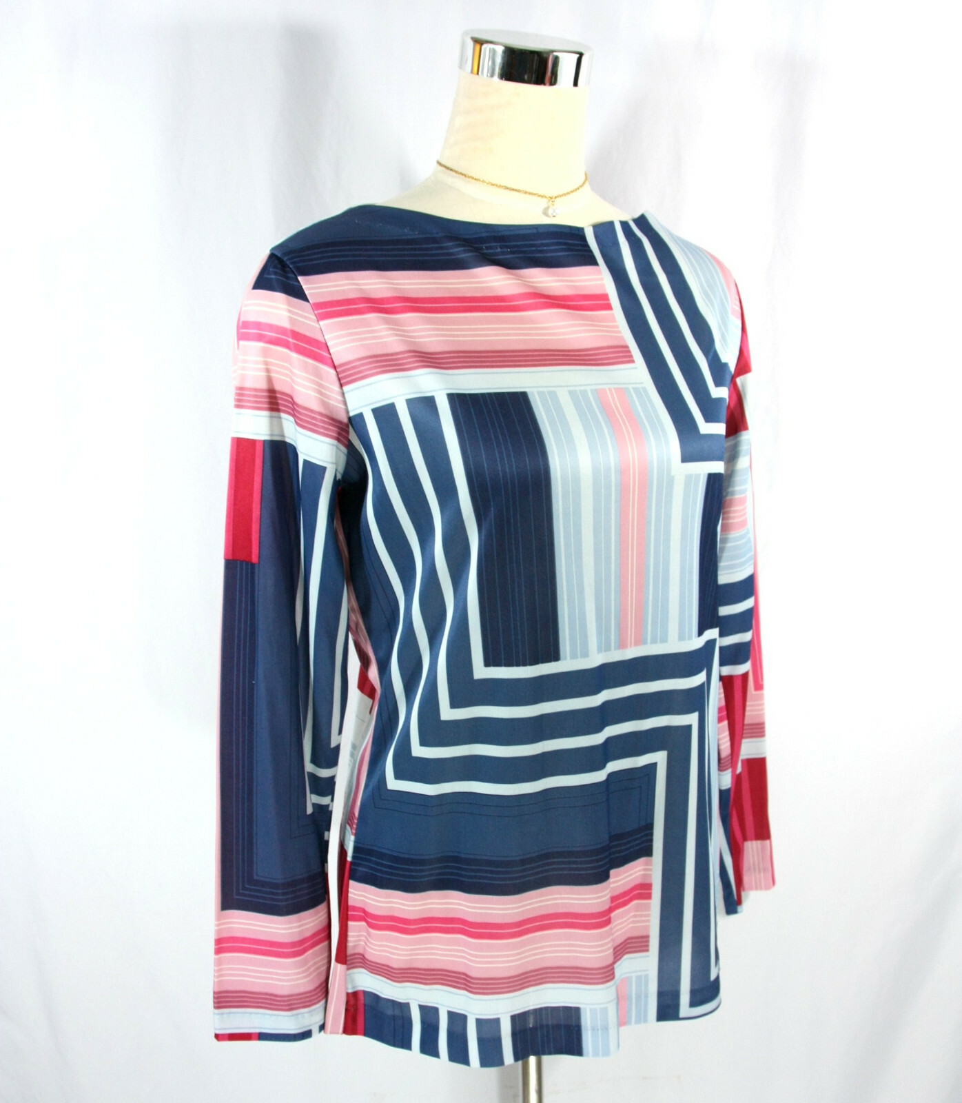 Vintage Lady Blair Abstract Zig Zag Stripes Boat Neck Tunic Top Blue 1970s M