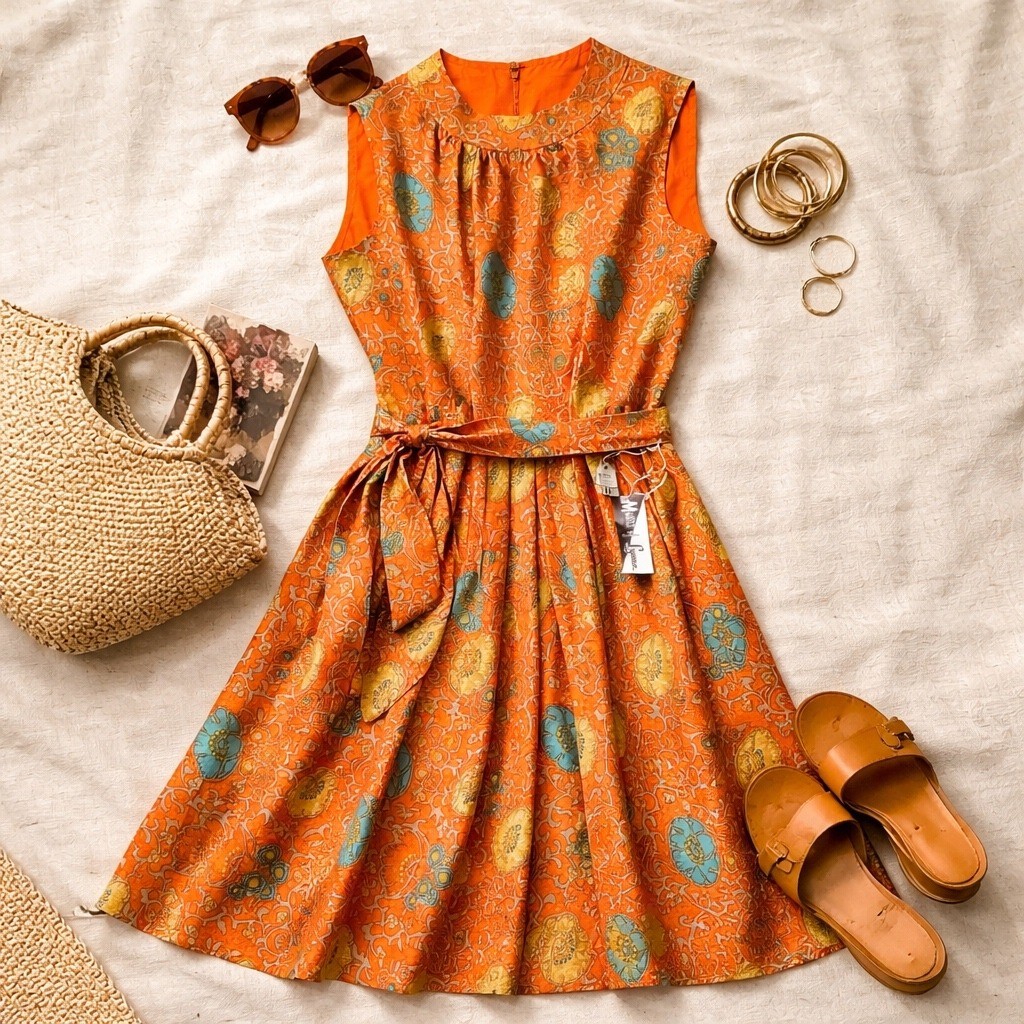 Vintage Matti of Lynne Saks Fifth Avenue 100% Silk Orange Floral Dress NWT 10