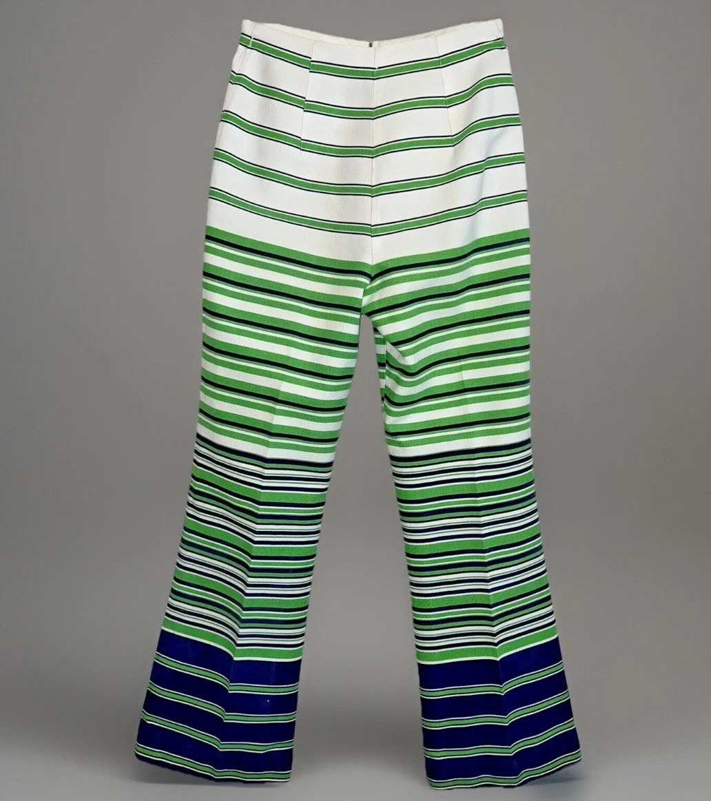 VTG Nautical Pants Groovy Stripes White Green Blue – Flared – 24 x 26.5 – Sz XS