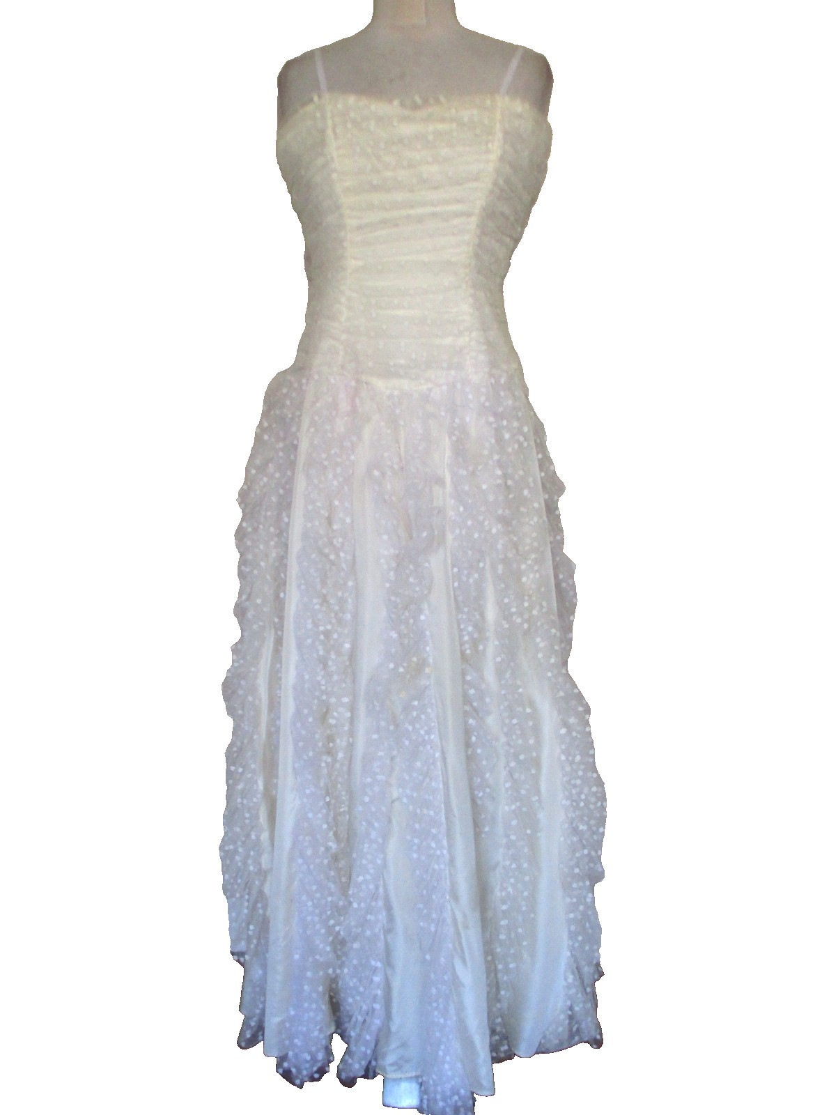 Vintage 80s Nadine White Polkadot Tulle Dress Prom Party XS Ruched Corset