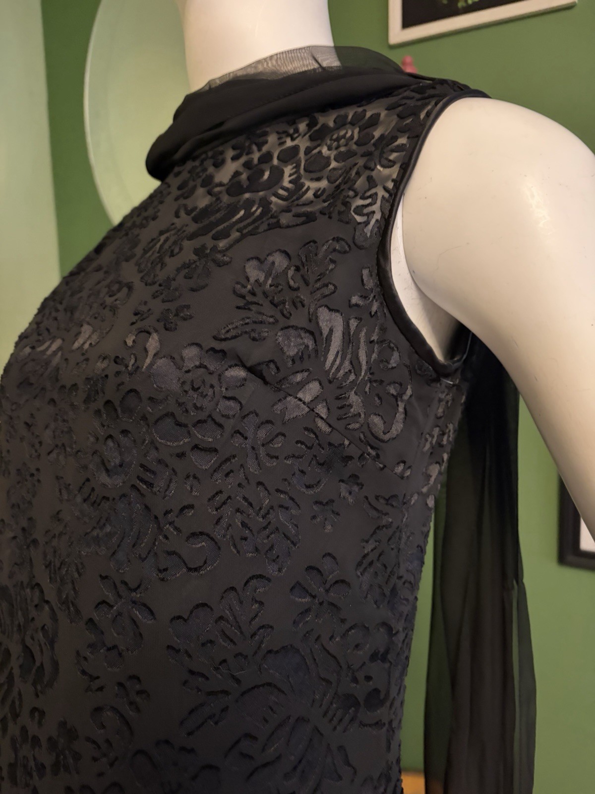 Vtg 90s McClintock Blk Sheath Netting Whimsygoth Chiffon Cape Dress 38 M Hepburn