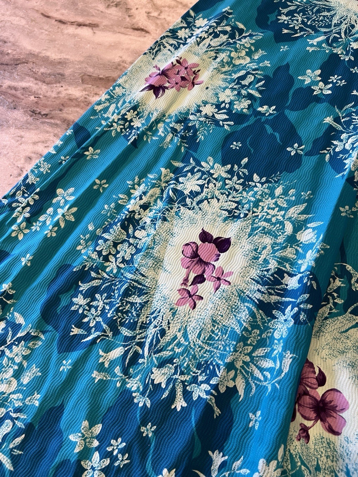 VTG Sears Hawaiian Fashions Maxi Dress Blue Floral Tiki Textured VTG Size 16