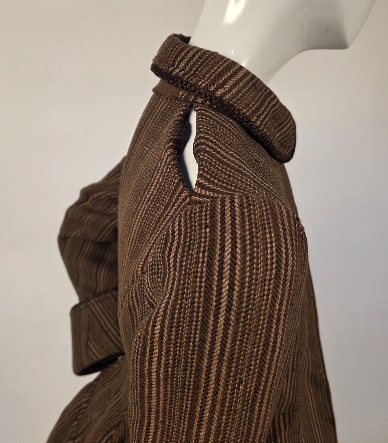 VICTORIAN 1880’S FLANNEL LINED STRIPED WOOL BUSTLE BACK DRESS COAT