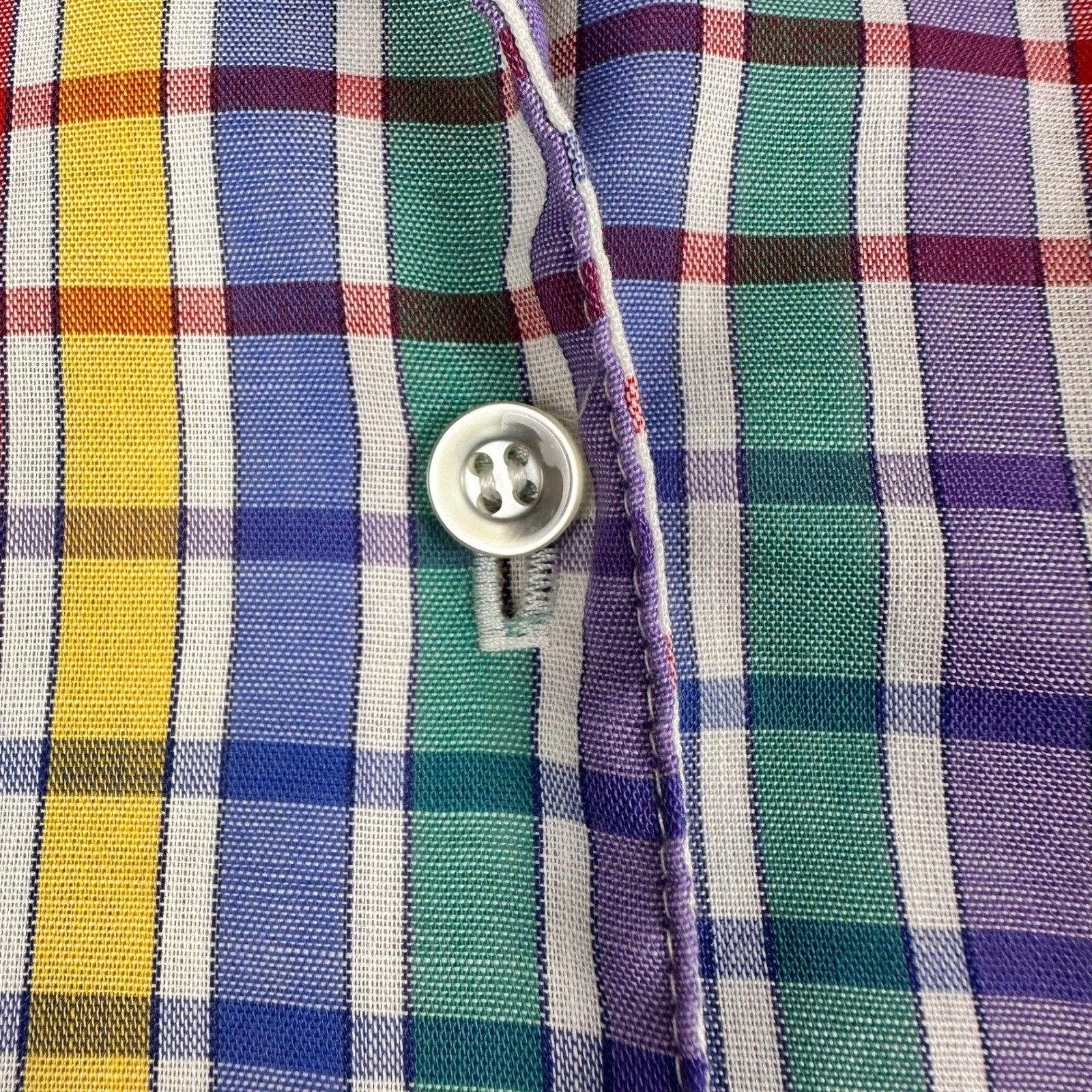 Vtg 70s Koret Rainbow Gingham Plaid Short Sleeve Button Down Shirt Multicolor