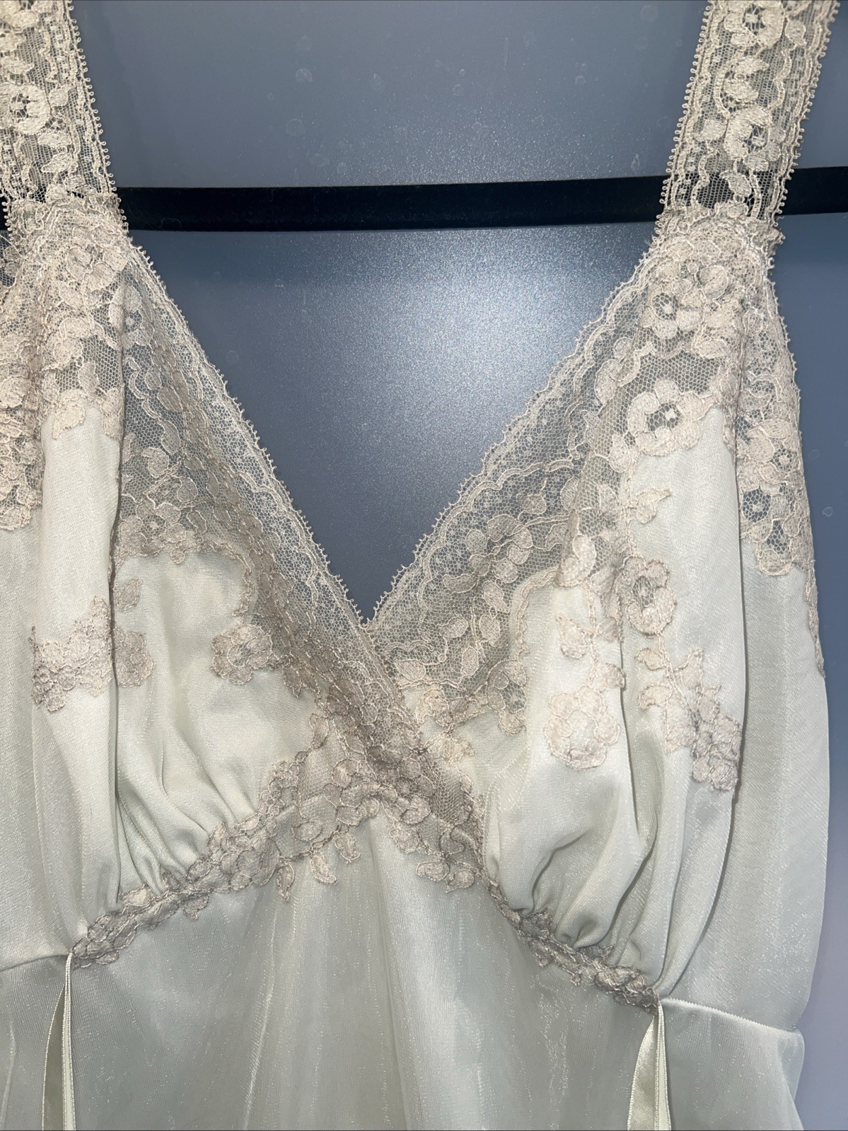 Vintage Sheer Chiffon Lace Subtle Green Nightgown Beige Lace Trim S 50’s