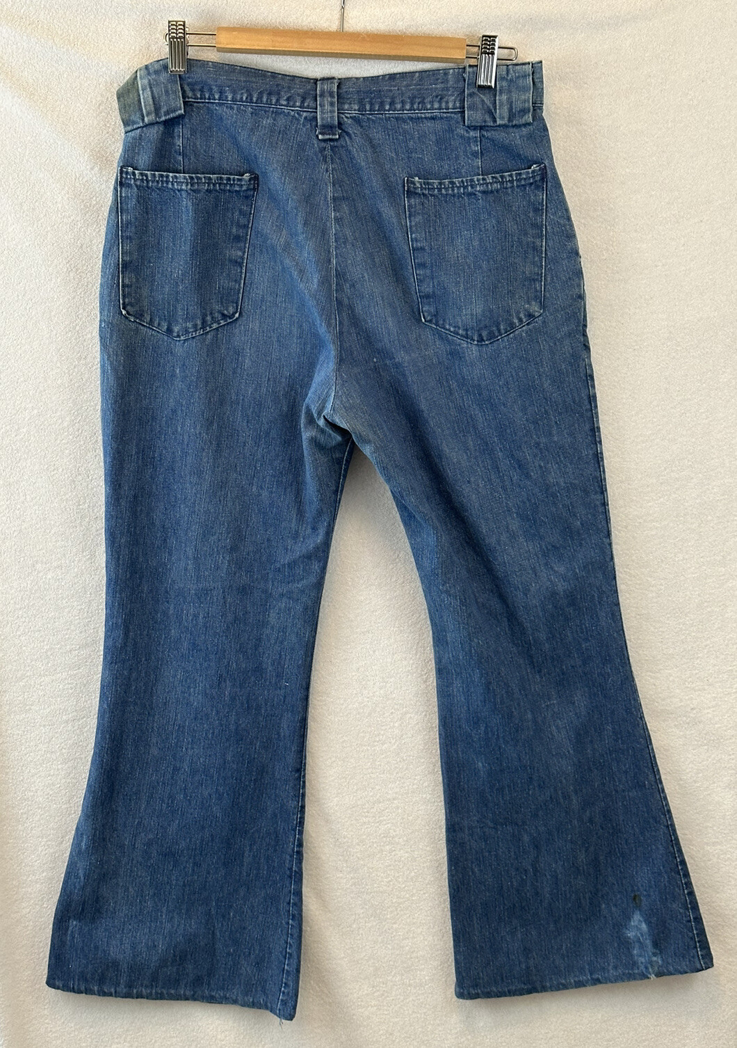 Vintage 70s Womens Thrashed Denim Flare Jeans Trouser Talon Pleated 32 x 28