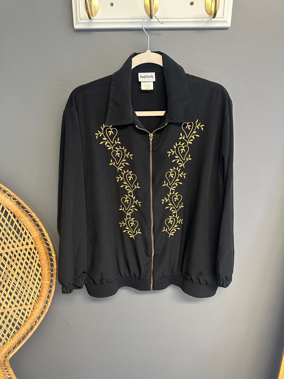 Vintage BonWorth Zip Bomber Track Jacket Womens Medium Petite Black Embroidered
