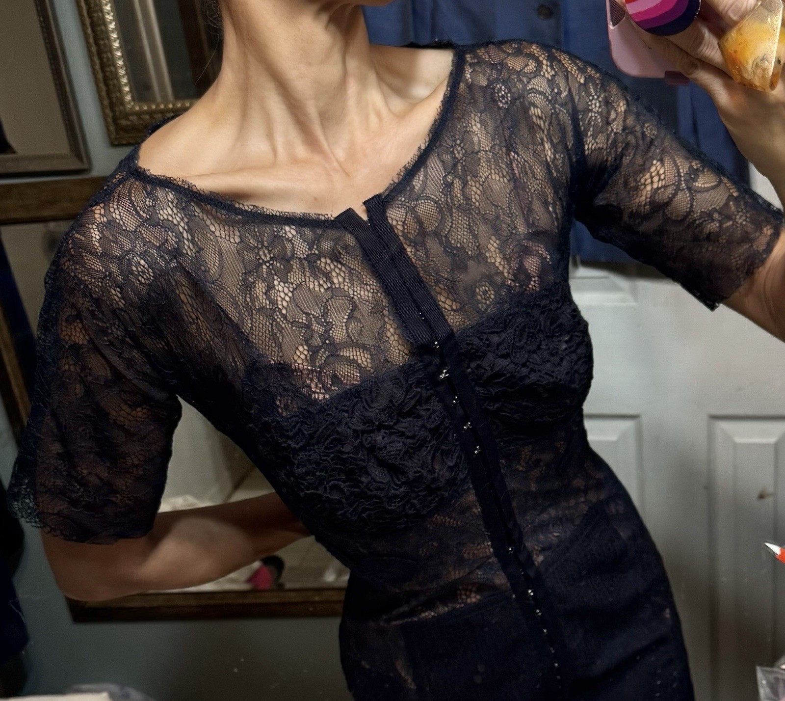 Vtg Byron Lars Navy Blue Stretch Lace Nude Illusion Wiggle Dress Pencil S M