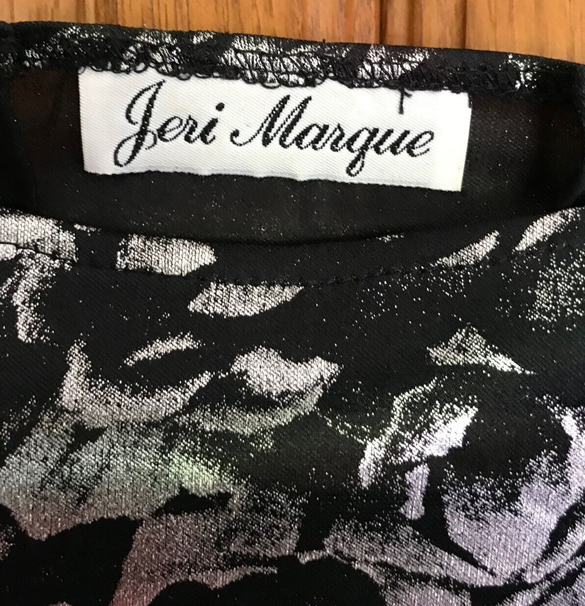 Jeri Marque Metallic Silver Foil Floral Blouson Top Smocked Waist