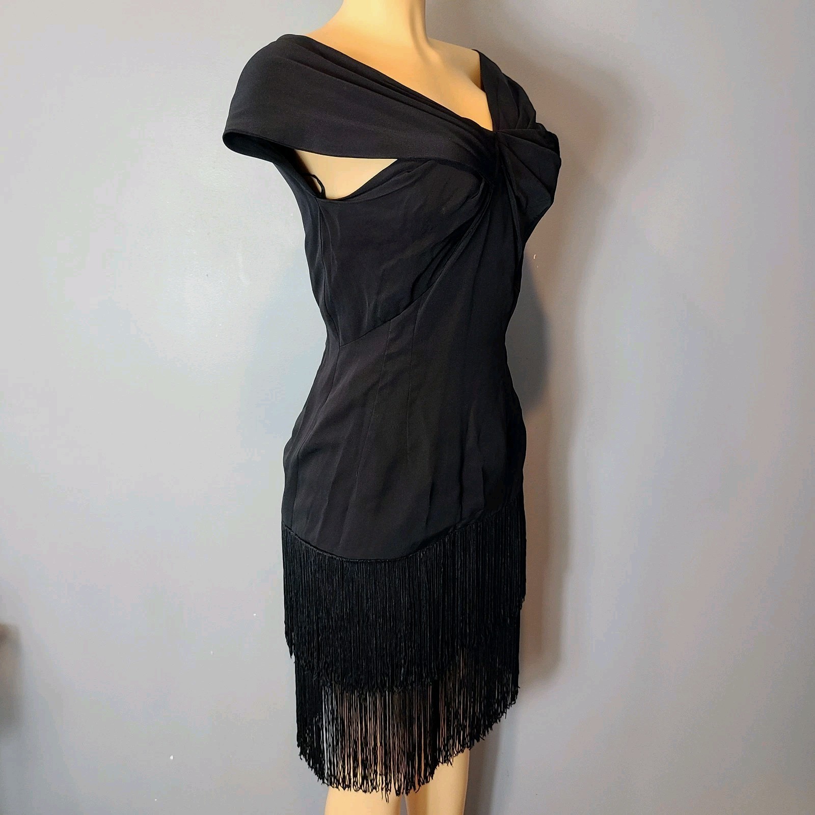 Vtg Black Sequin Flapper Dress Art Deco Gatsby Fringe Cocktail Party Sz Small
