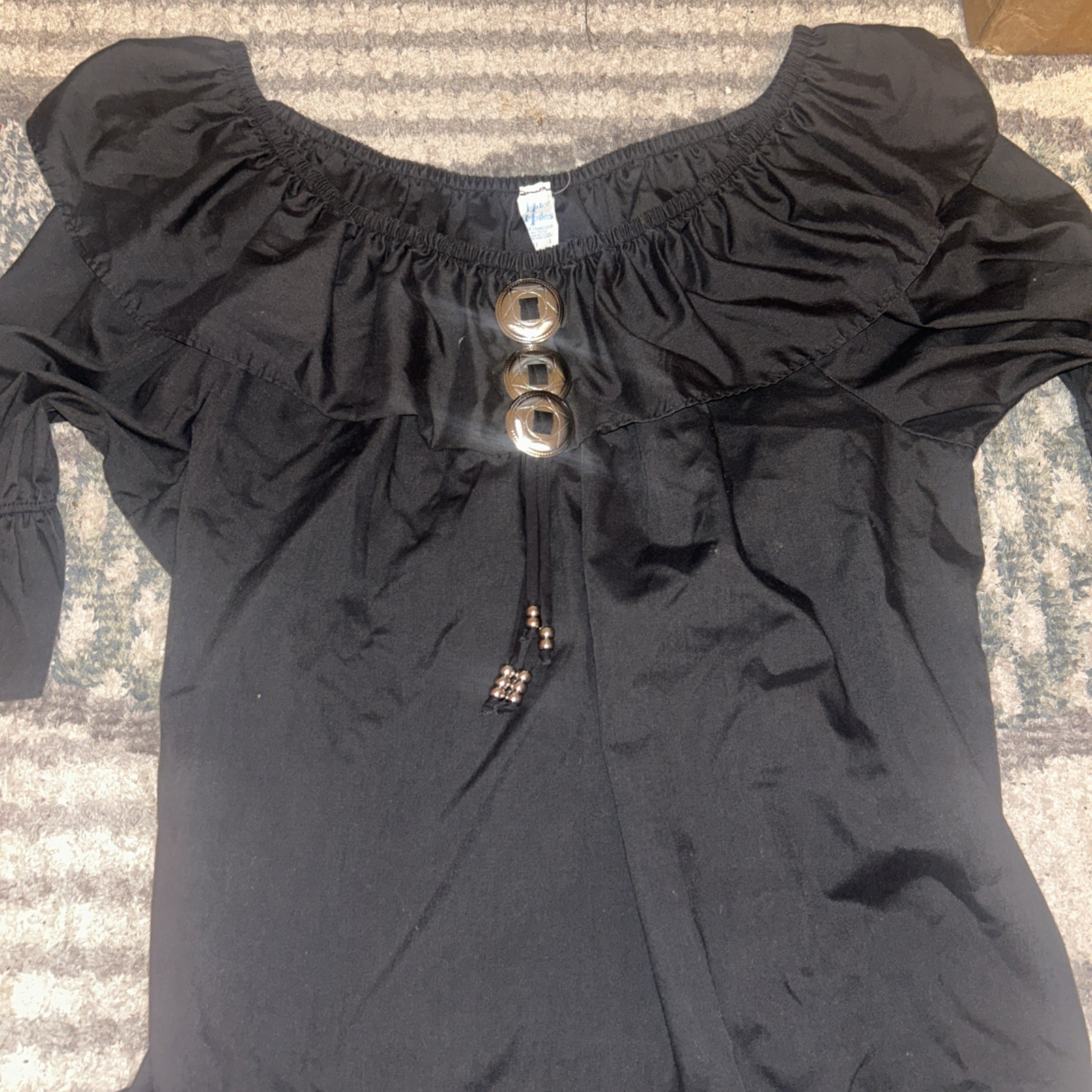 Vintage Malco Modes Blouse Womens large black off shoulder with silver accents