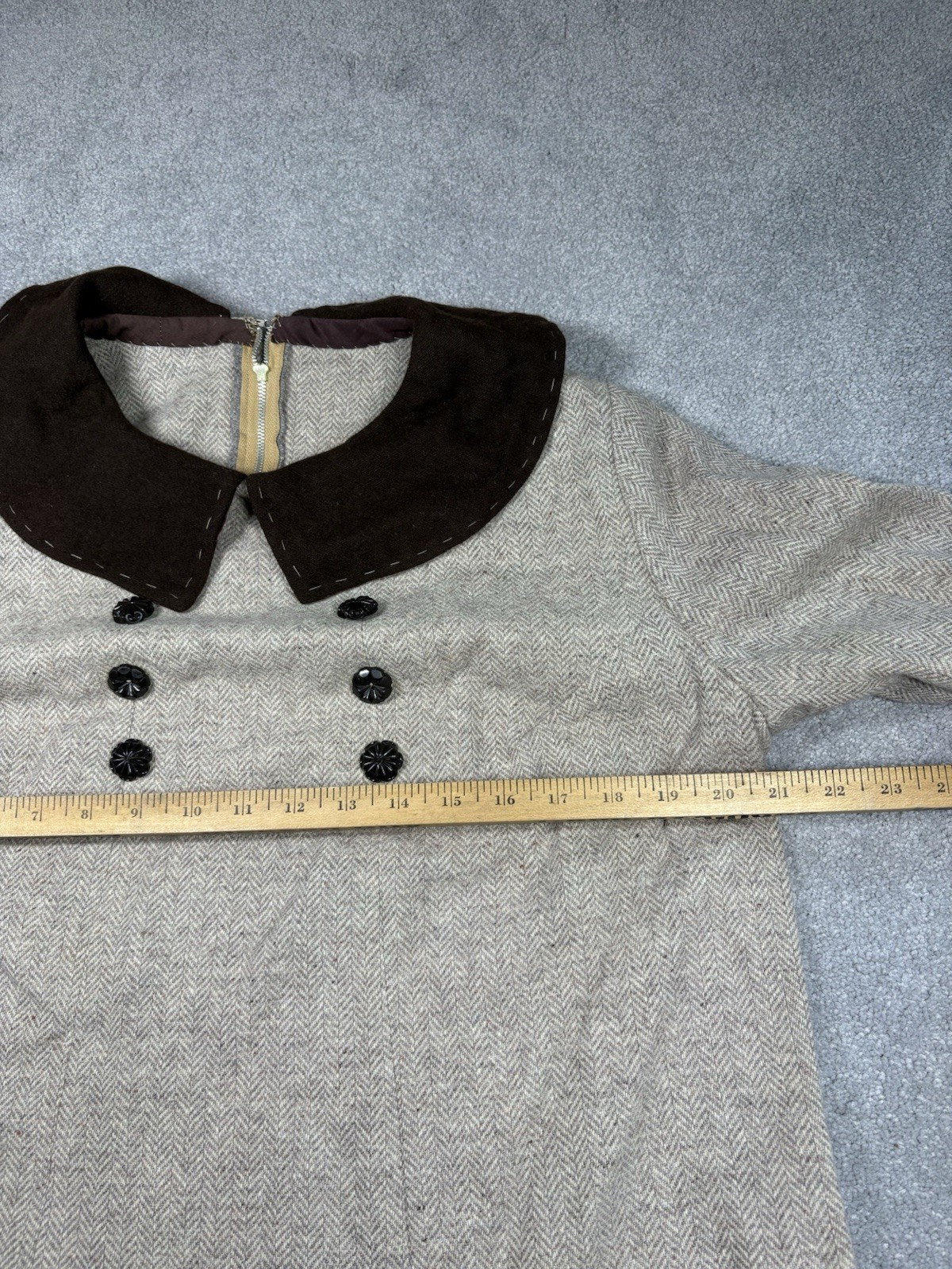 1950s Wool Shift Dress Herringbone Handmade Collared Short Sleeve Women’s L/ XL