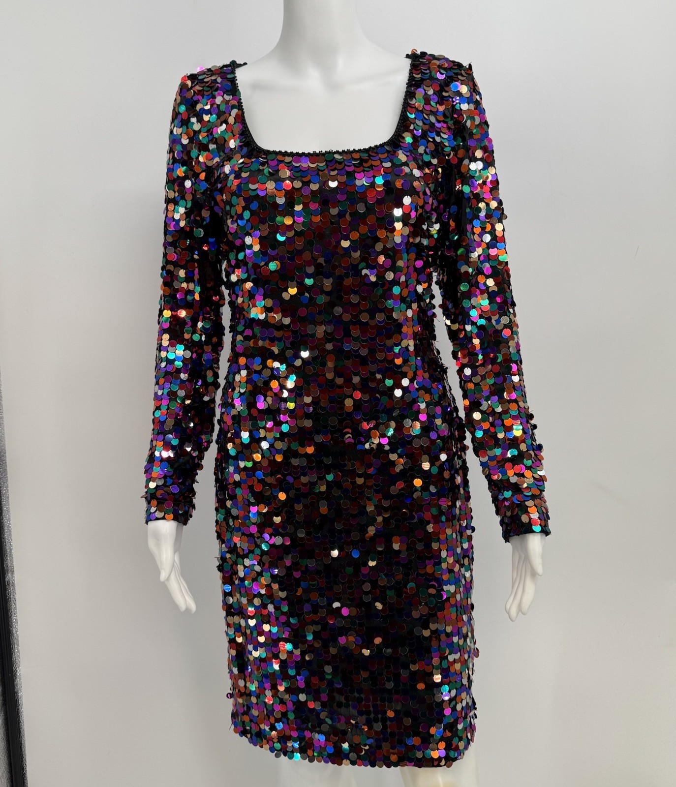 Vintage Oleg Casini Black Tie Size 6 Disco Dress Rainbow Sequin 80’s