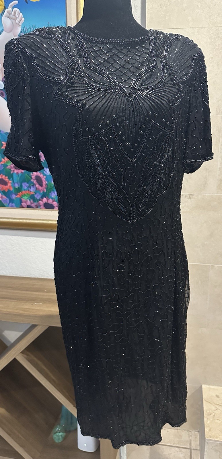VTG 80s AP Ltd Vintage Black Beaded Sequin Silk Dress US 14 L Knee Length NWT