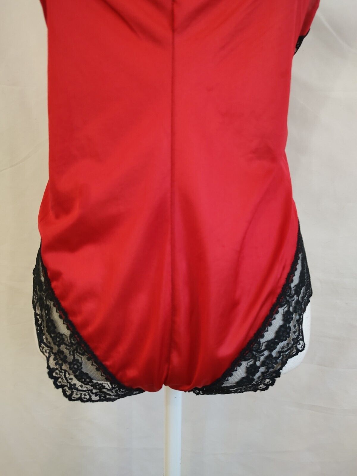 80&rsquo;s Vintage Teddy Romper Red Nylon & Black Lace Super High Cut Leg Sexy Sz S