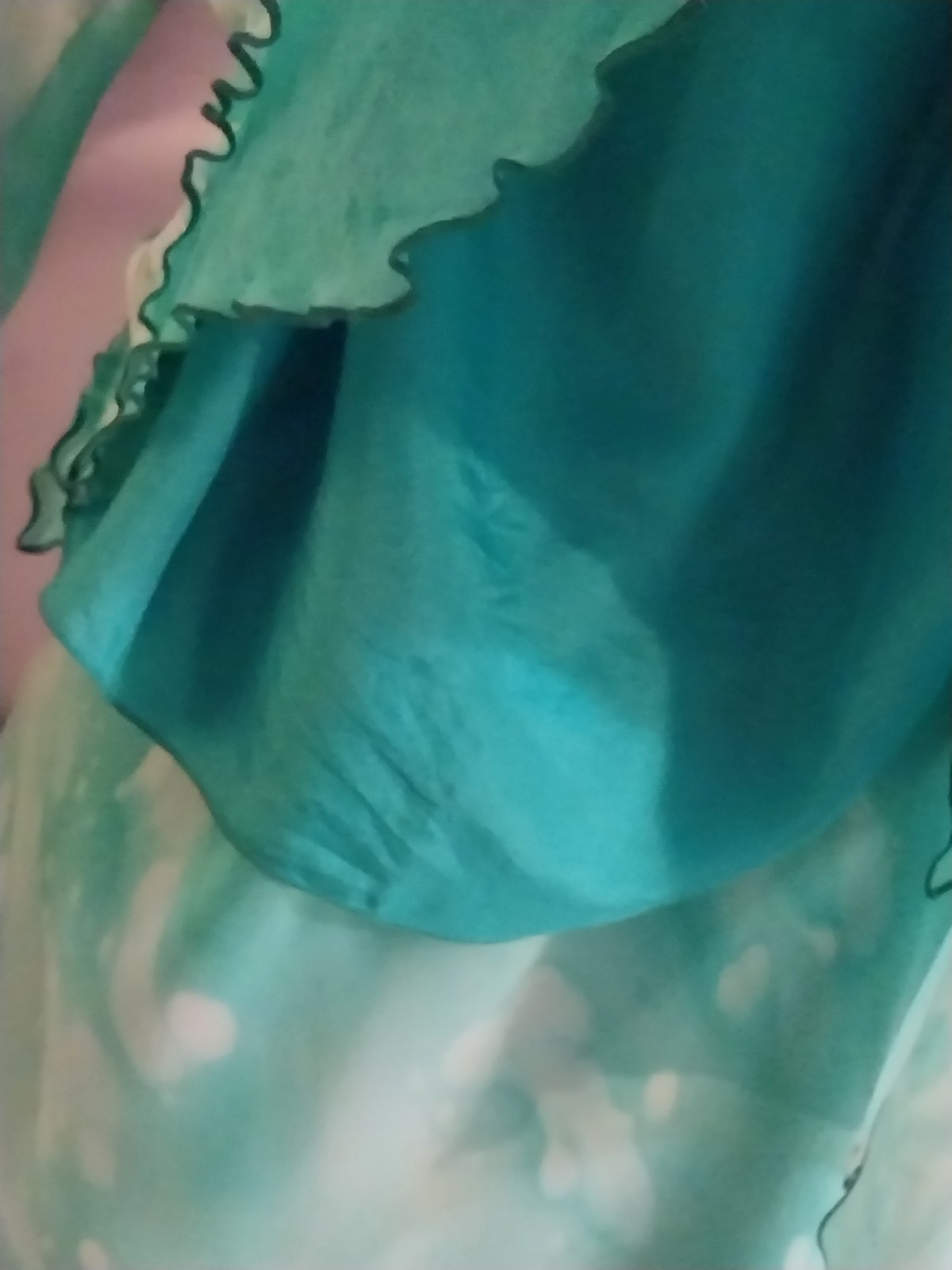VTG SILK YOLANDA LORENTE HAND PAINTED FLORAL seafoam LAYERS SKIRT BLOUSE L 44