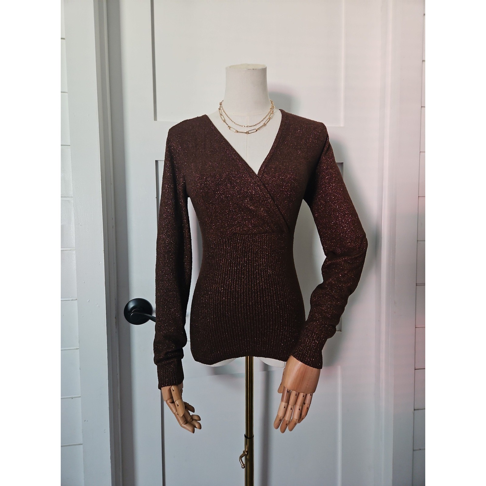 Caché Metallic Knit Top M Medium Bronze Brown Glitter Shimmer Wrap Sweater VTG