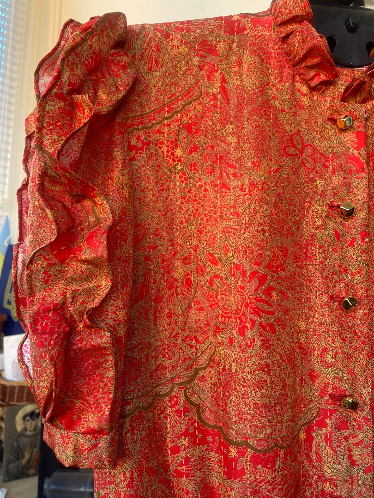 Rare 80s Vintage Pure Silk Dress Baroque Paisley Gold Print Avant Garde M L