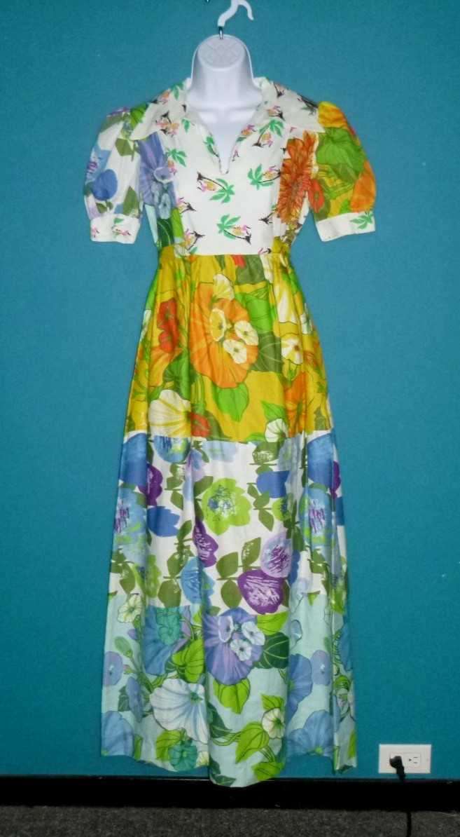 Vtg 60s 70s STUNNING Patchwork Floral Prairie Style Maxi Dress Sz S/M