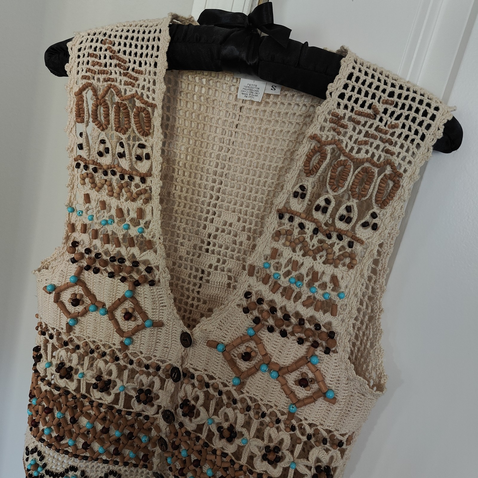 Ann Tjian for Kenar Macrame Wood Beaded Boho Festival Hippie Vest Small Petite
