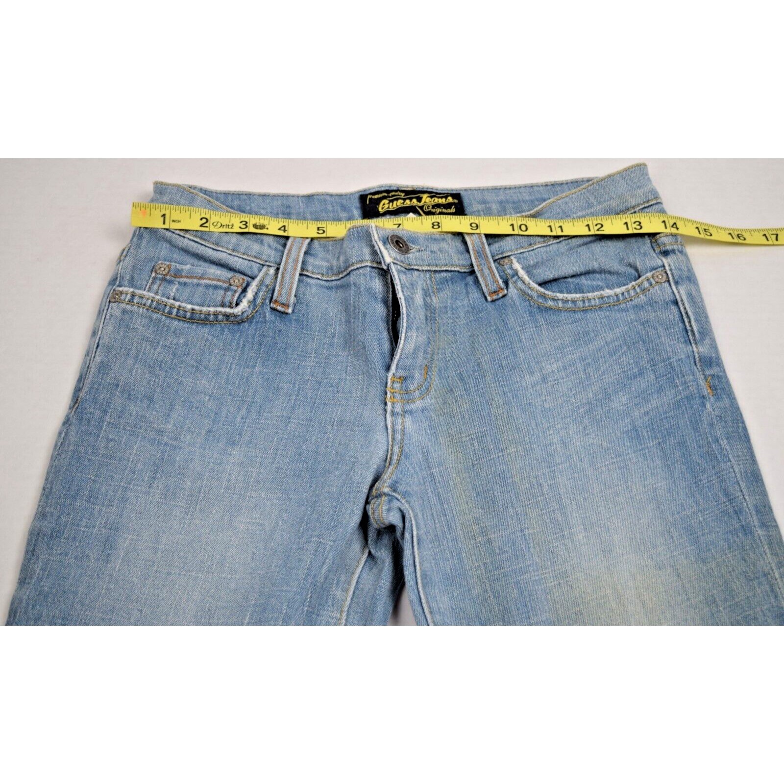 Vintage Guess Jeans Size 26 x 31.5 90s Light Blue Fade Low Rise Flare Made USA