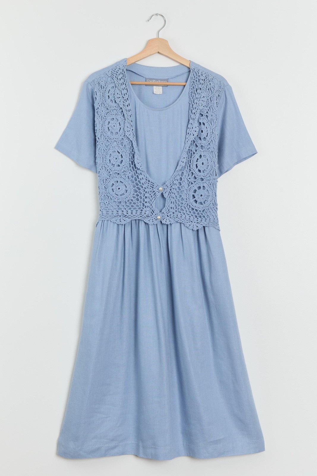 90s Light Blue Crochet Layered Tie Back Dress L