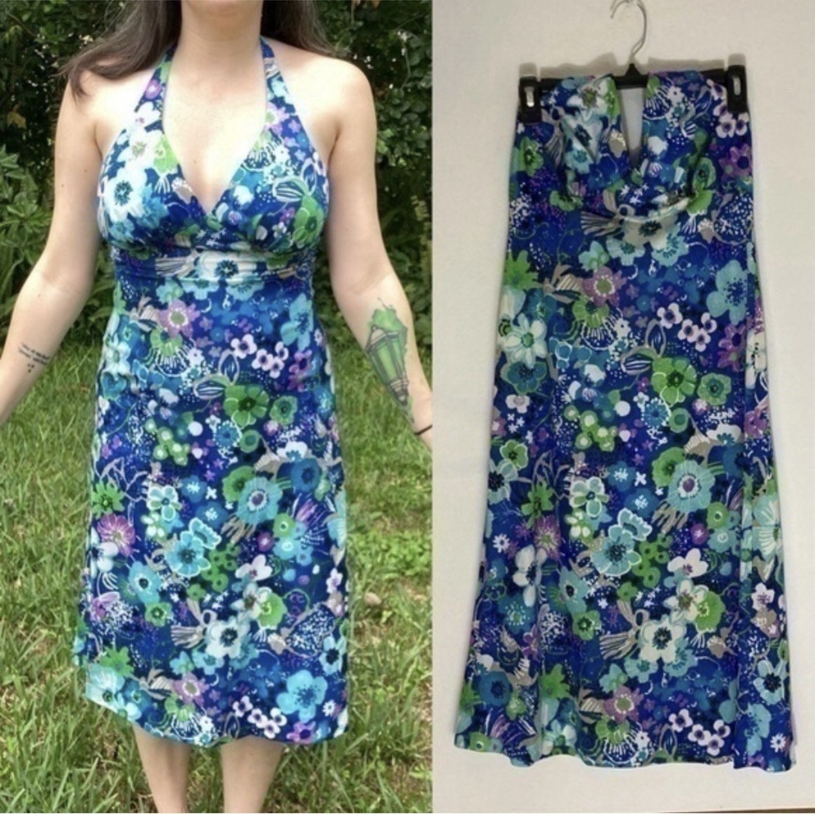Vintage 1960s Blue Floral Halter Dress – Summer Beach Wear- b24
