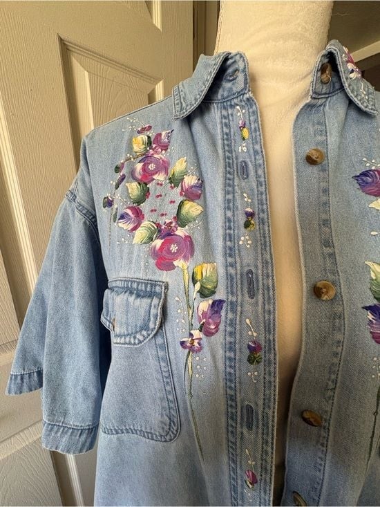 Vintage Grandmacore Hand-Painted Light Blue Denim Shirt with Floral Design