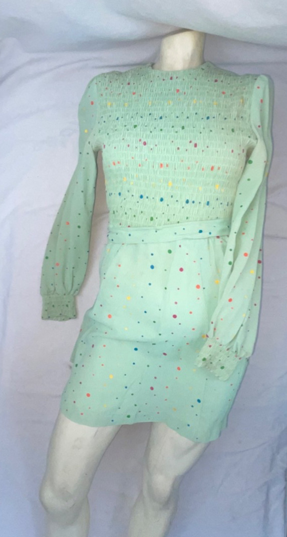 VTG 60s 70s WOMENS S GREEN POLKA DOT DISCO RETRO CUTE FUN PARTY DRESS