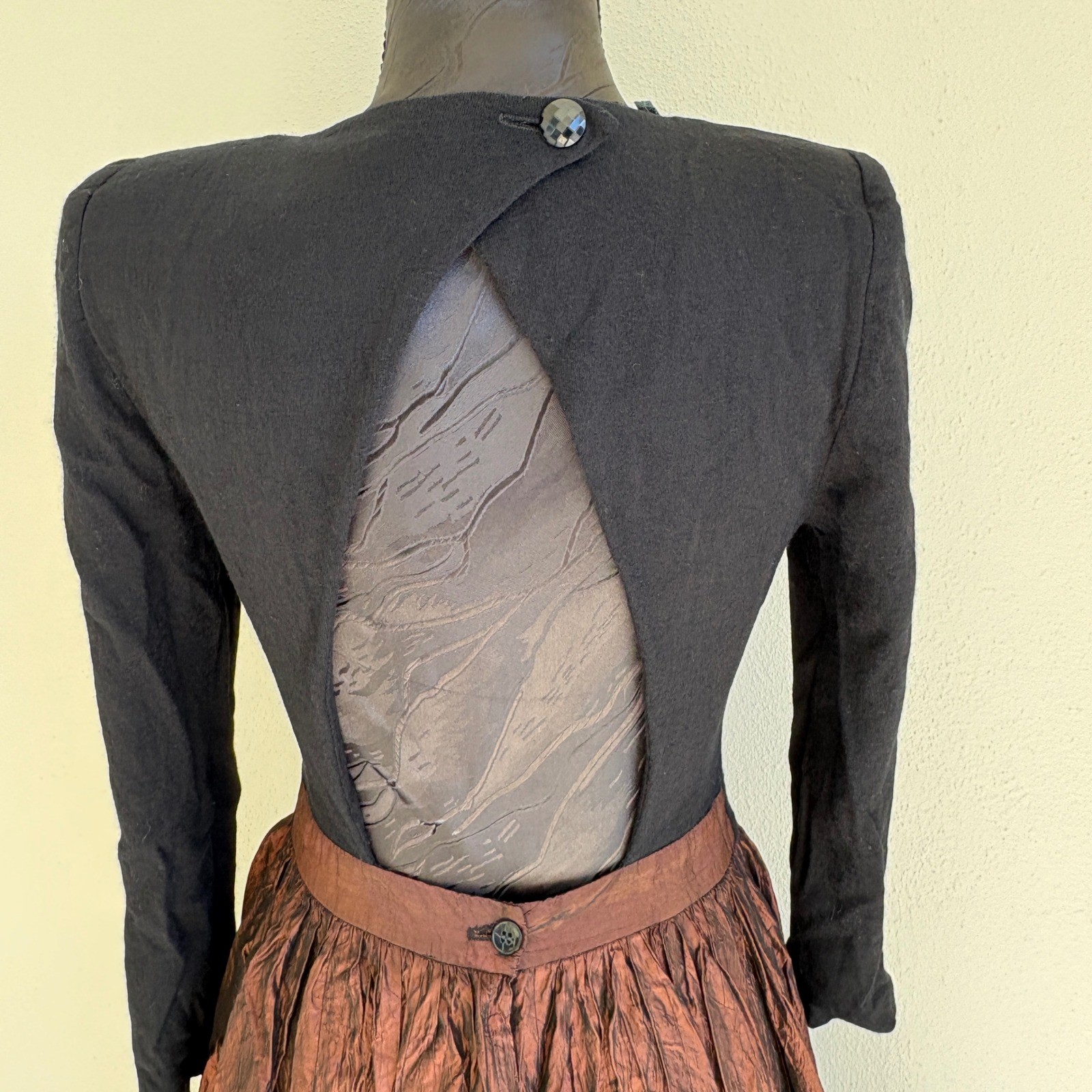 Vintage Ricki Lang for Nuit Dress 12 Black Bronze Open Back Metallic ILGWU 80s