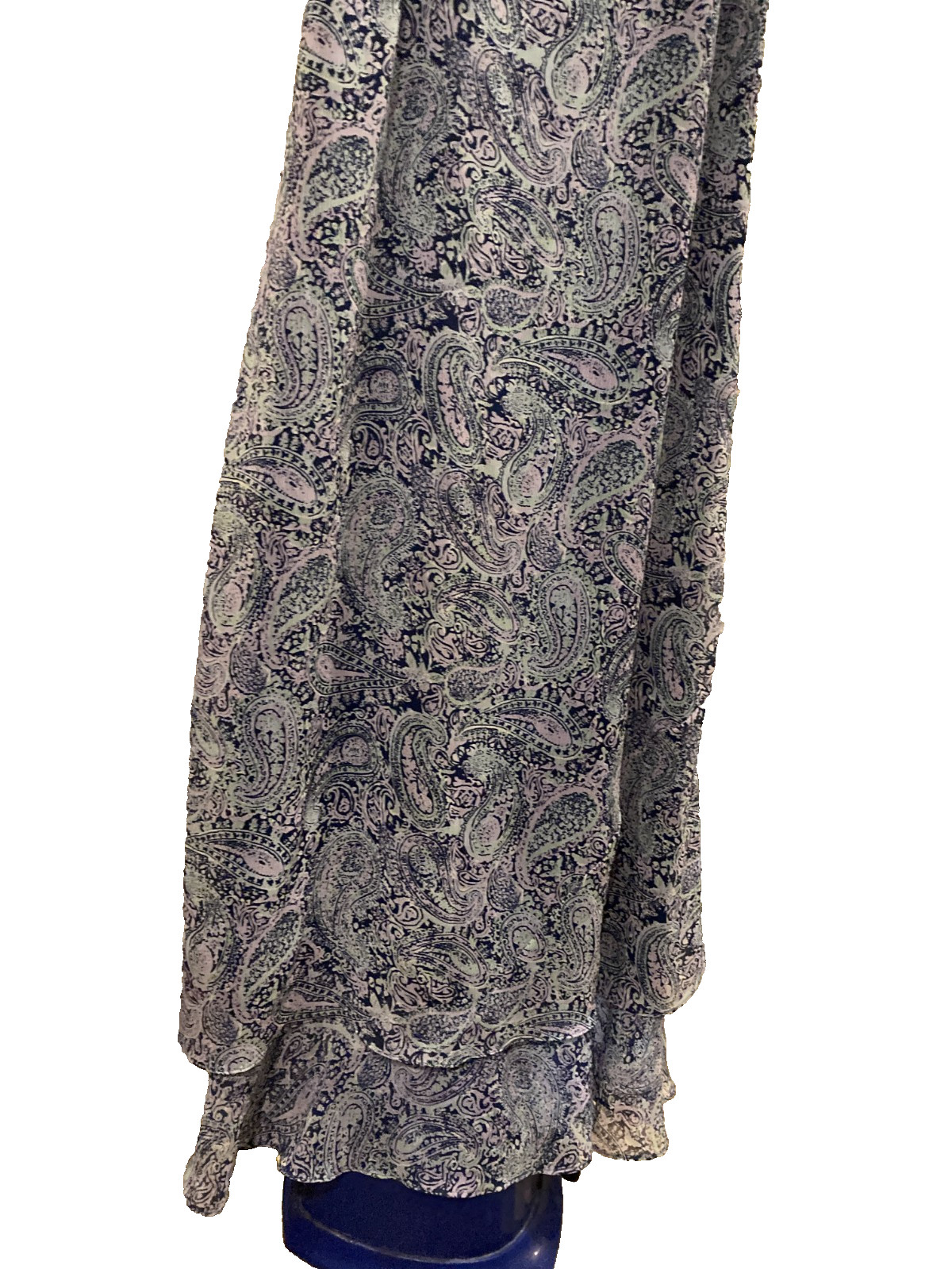 Jaclyn Smith VTG 2006 Blue paisley maxi dress cap sleeves Hem 2-tier ruffle