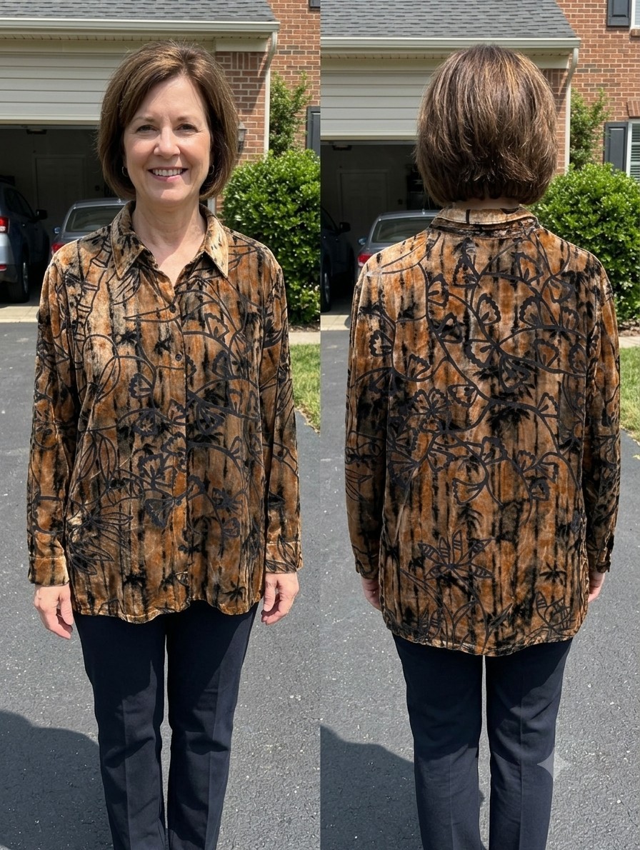 Vintage Chico&rsquo;s Design 3/XL Velvet Rayon Silk Blouse Gold Bamboo Floral Burnout