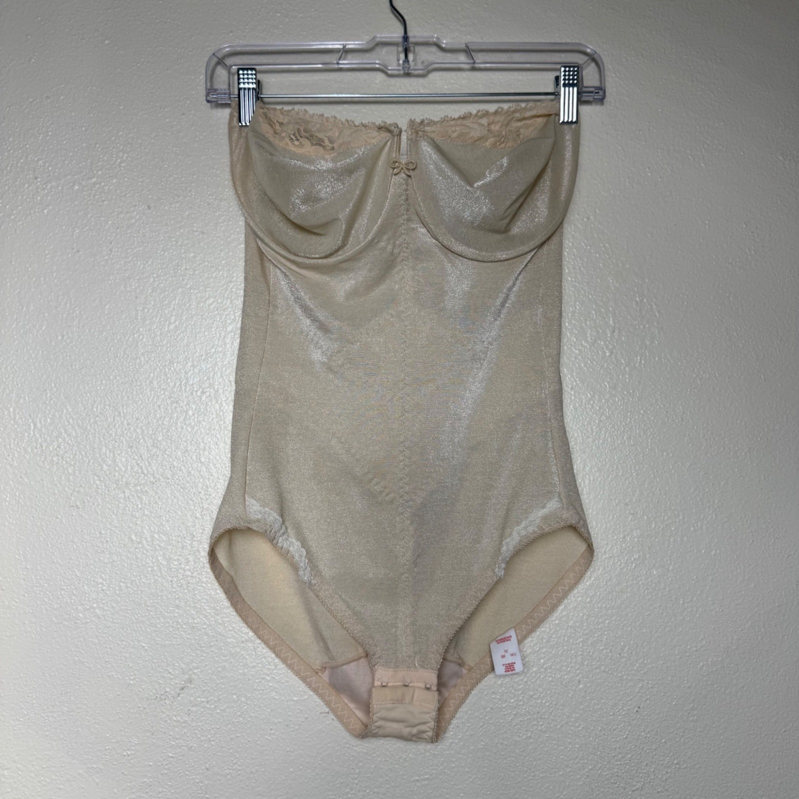 VTG Natural By Young Smoothie Beige Shimmery Lace Strapless Bodysuit 38D