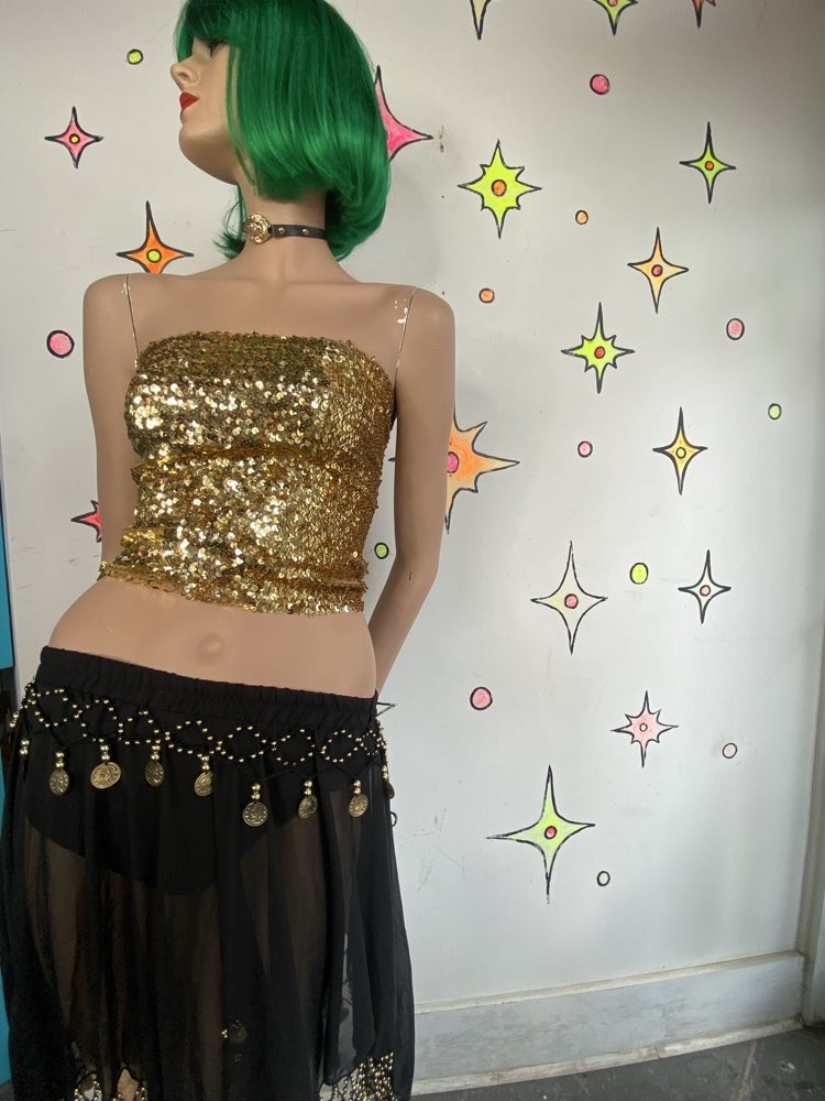Black and Gold Asymmetrical Chainmail Skirt Coin Sheer Belly Dance S
