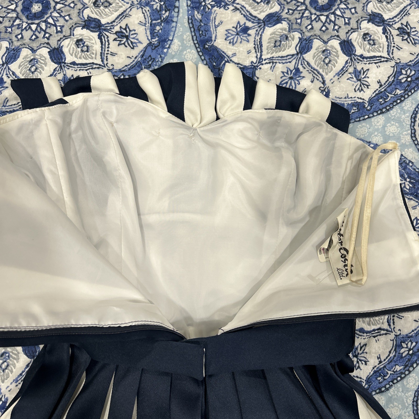 Vintage 80s Strapless Pleated Navy White Party Cocktail Evening Dress Size 4
