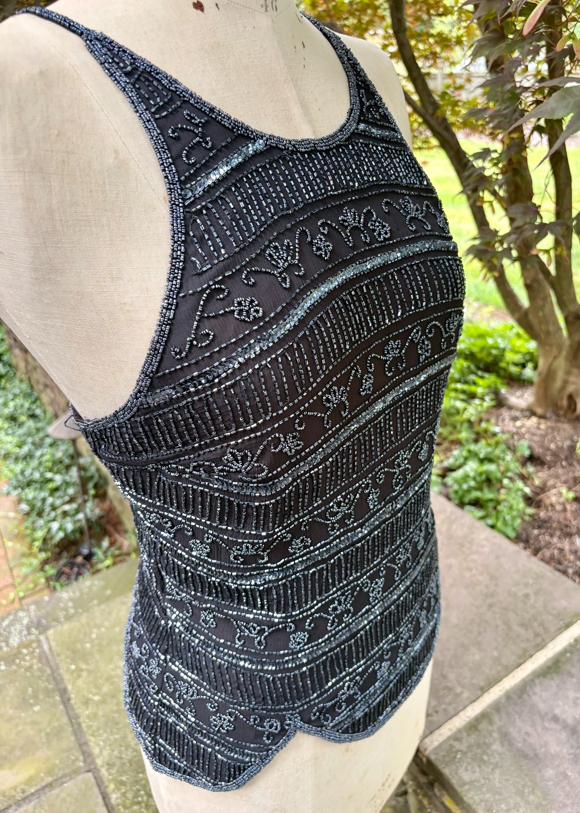 vtg BLACK silk BEADED fitted TOP CAMISOLE scallop by STENAY size XL seed & bugle