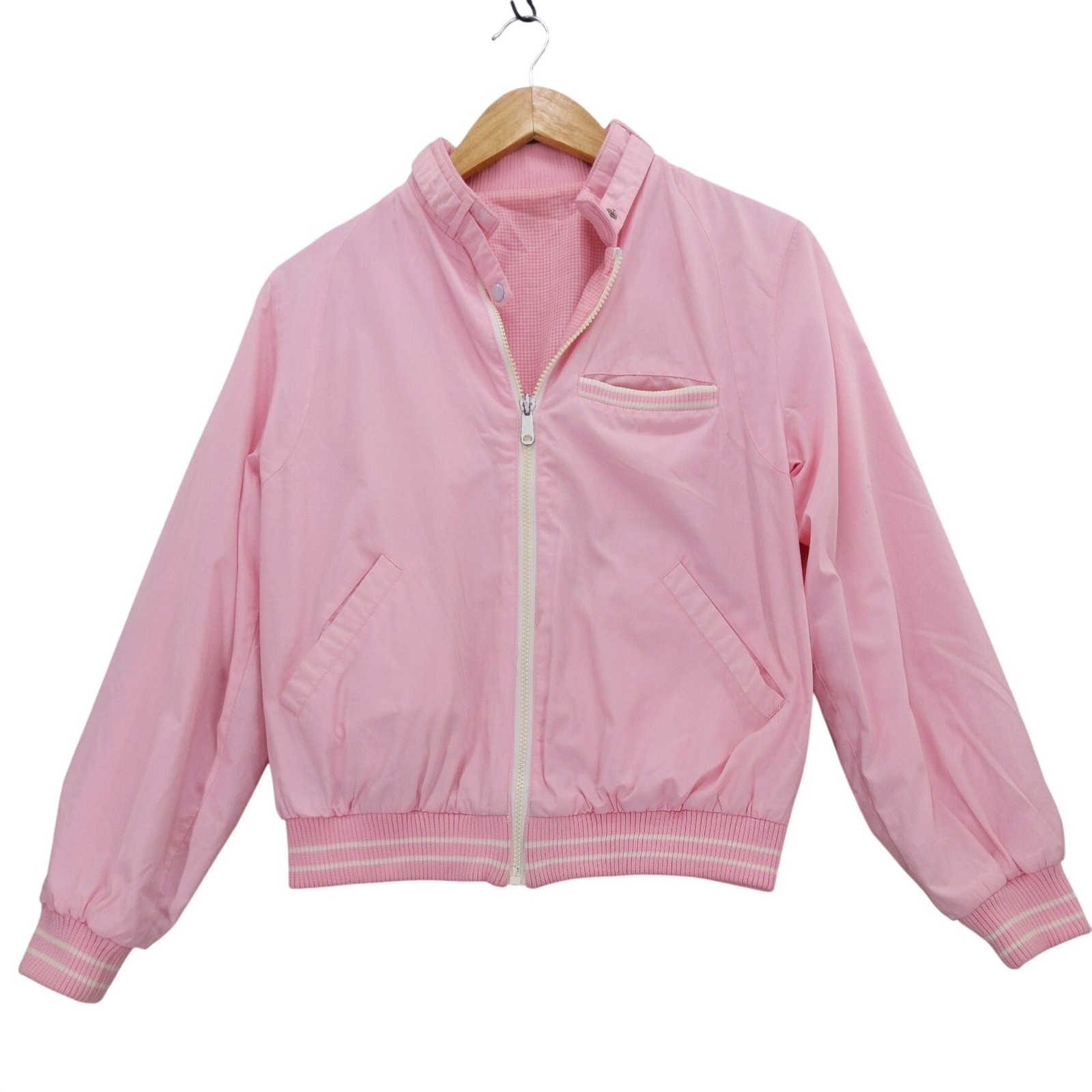 vtg 80s Reversable Celebration Bomber Jacket Womens M Pink Gingham Zip Up