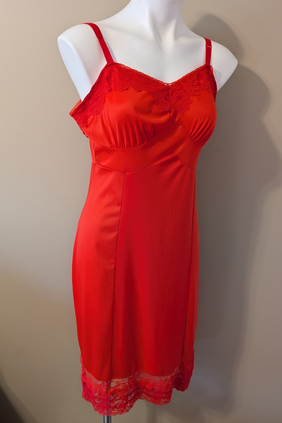 Vtg Nancy King RED Nylon/Lace Full Slip/Dress Privacy Panel Adj Straps Size 36
