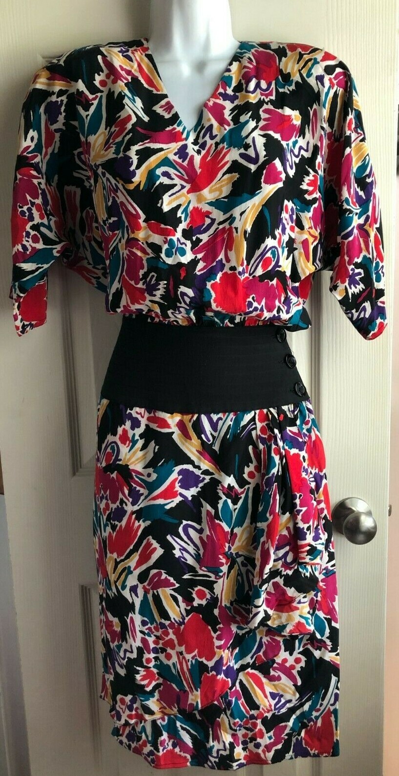 Flora Kung Vintage 1980&rsquo;s Silk Ruffle Abstract Shoulder Padded Dress 4 S