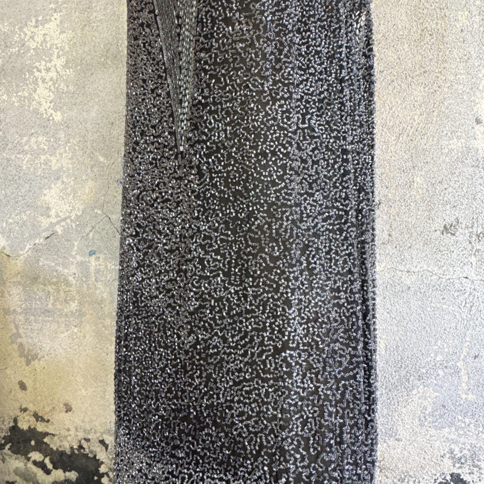 Antique 1920s Completely Silver Icy Beaded Gown Sequins Dress Scalloped Hem VTG