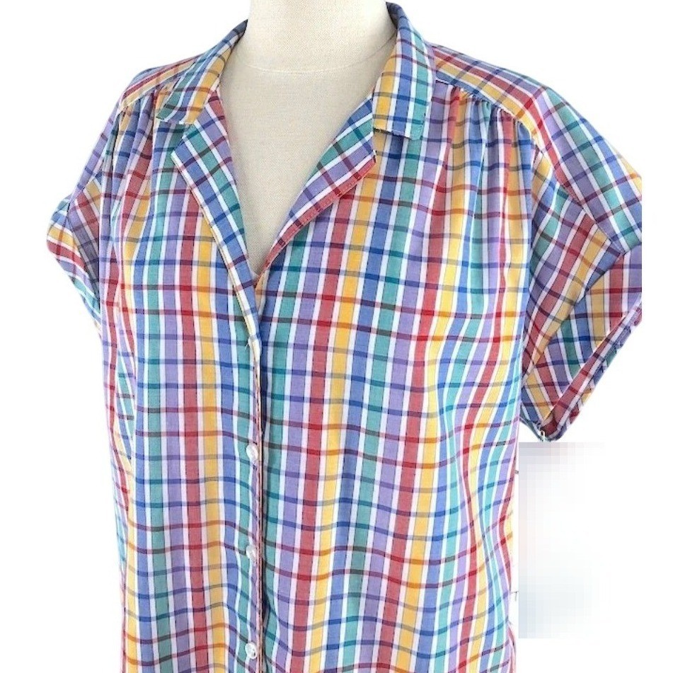 Vtg 70s Koret Rainbow Gingham Plaid Short Sleeve Button Down Shirt Multicolor