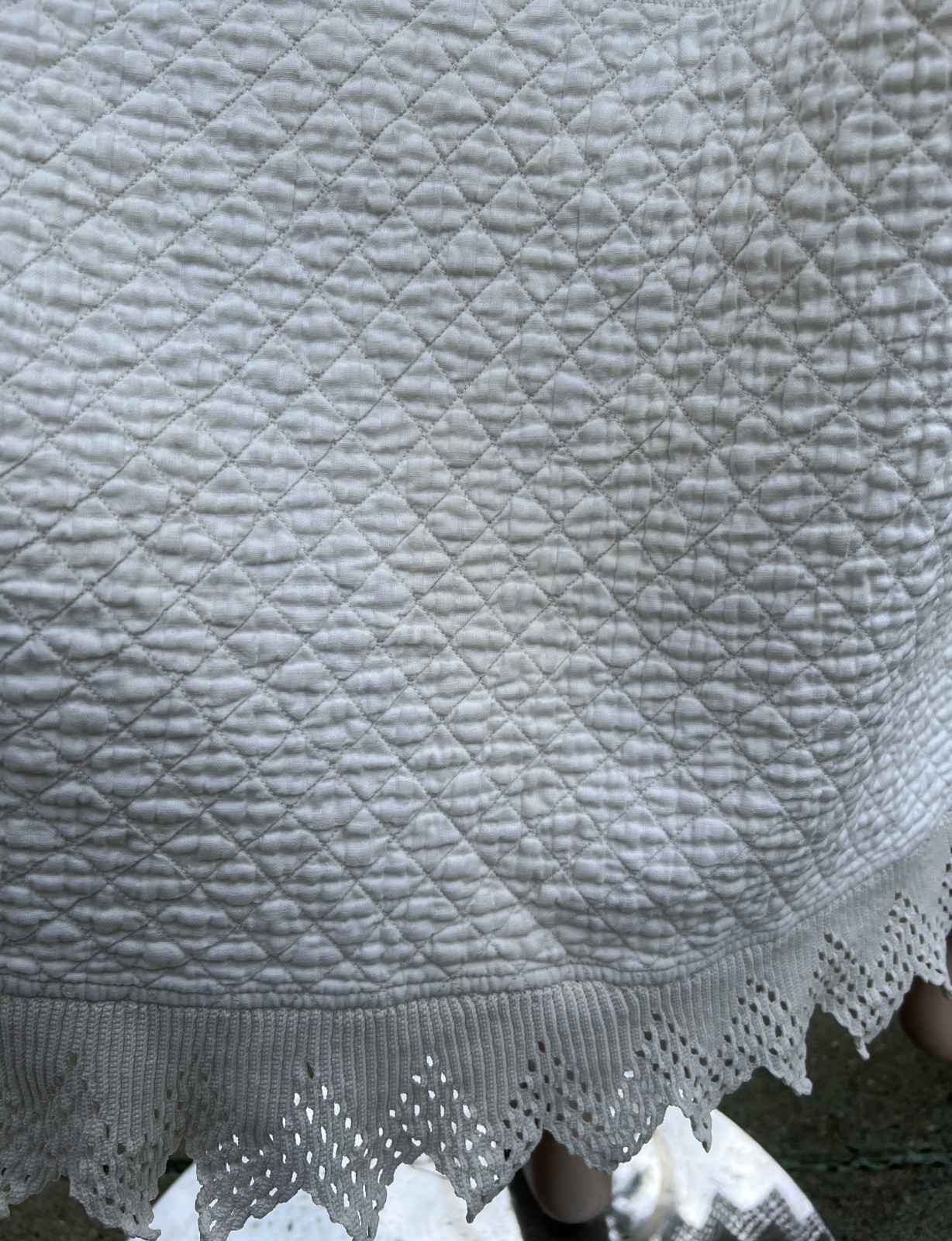 ANTIQUE EDWARDIAN WHITE COTTON QUILTED PETTICOAT W/ CROCHETED HEM