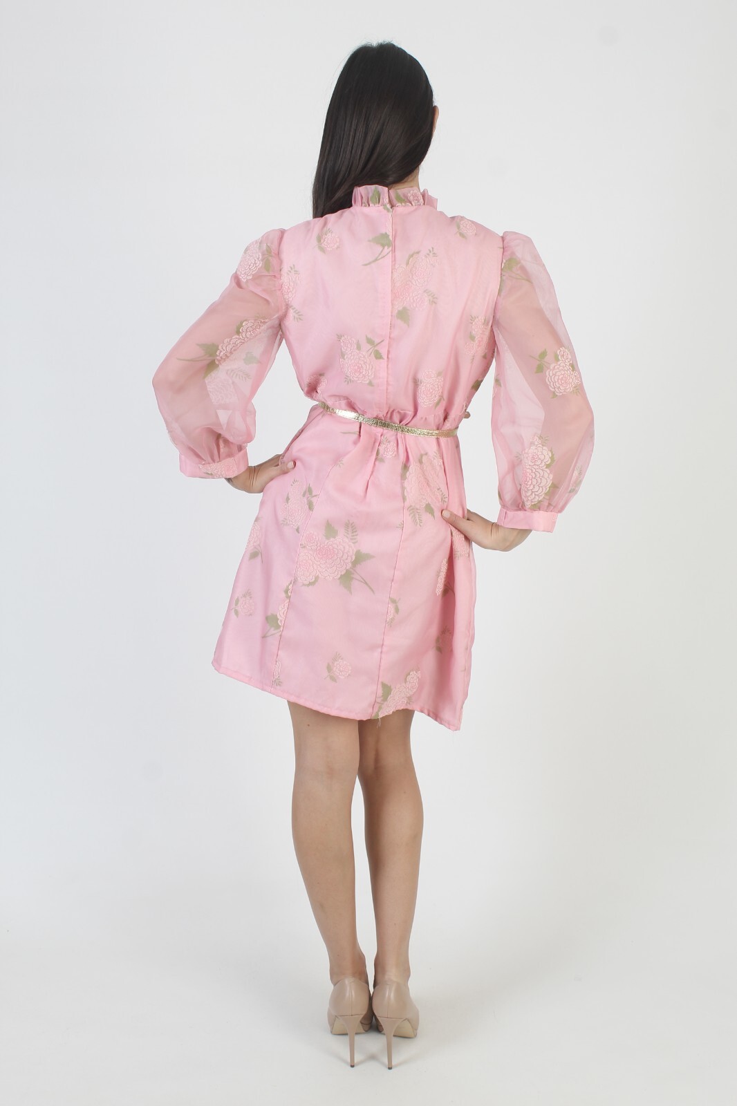 Vtg Barbiecore Romantic Mini Dress High Collar Velvet Floral Print Cottage Sheer