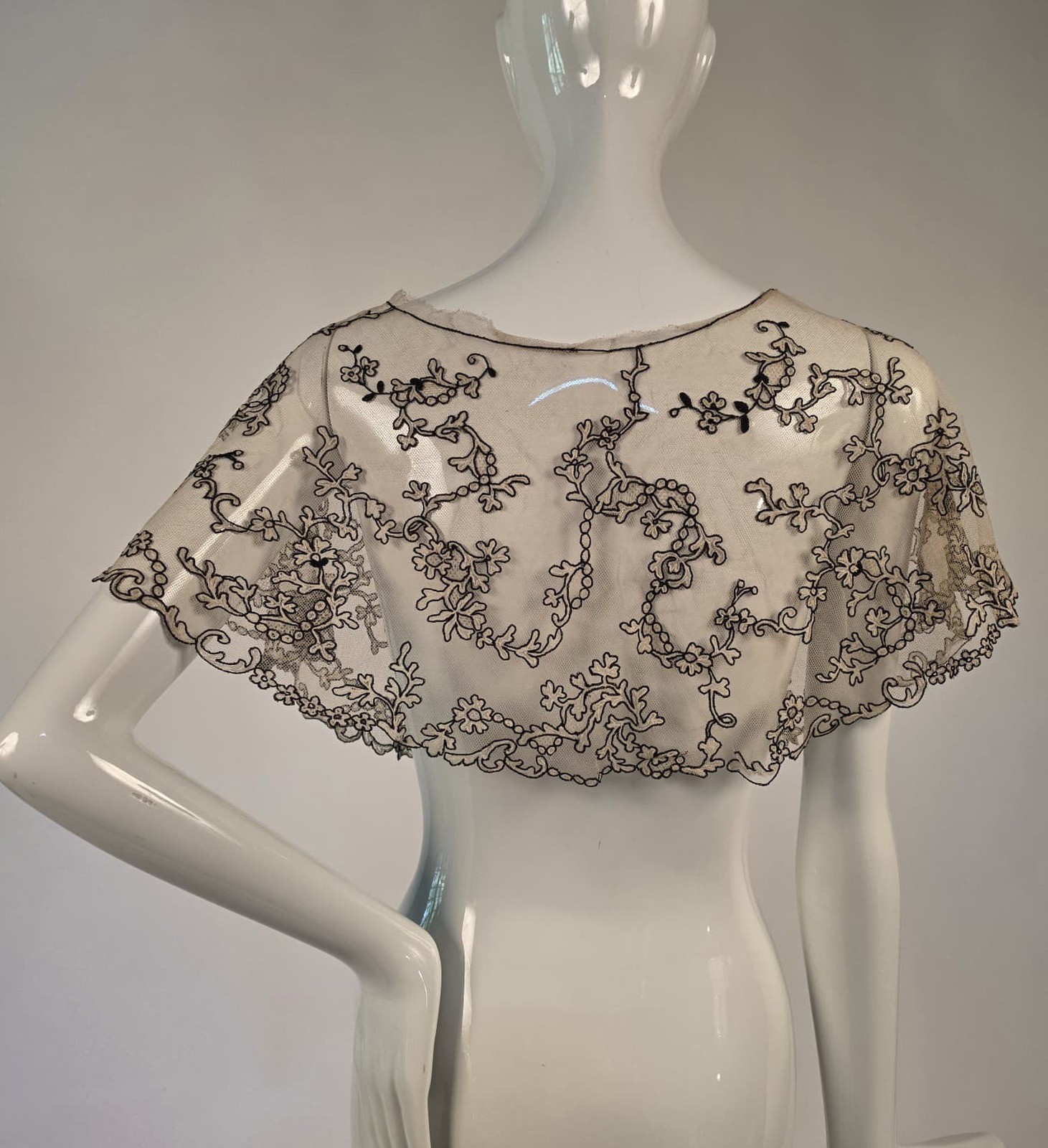 ANTIQUE VICTORIAN 19TH C BLACK EMBROIDERED FLORAL TAMBOUR LACE COLLAR FOR DRESS