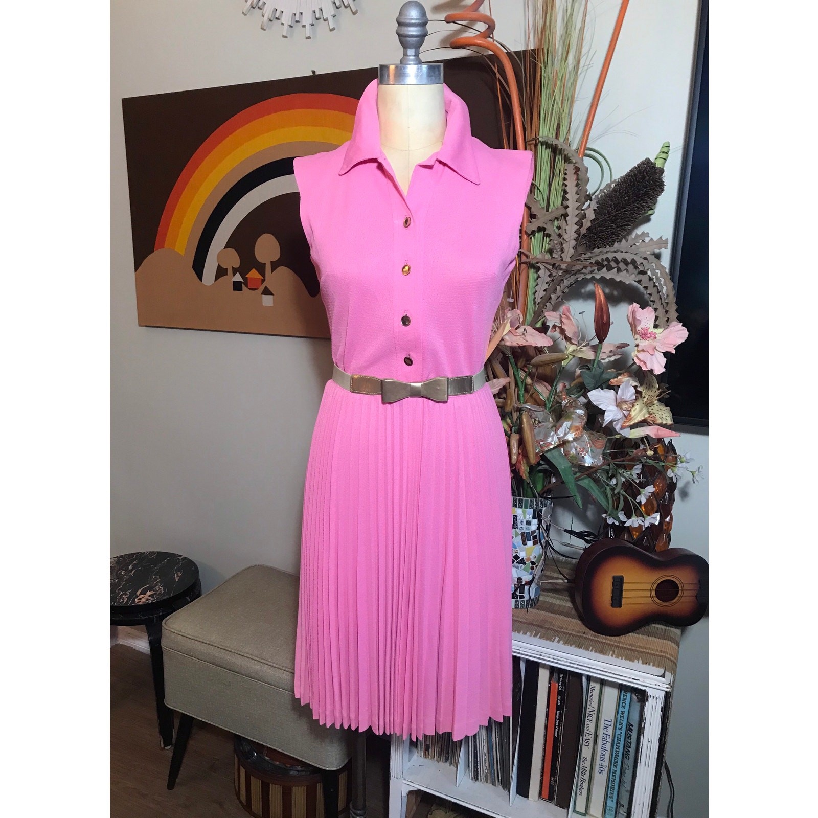 1970s Sacony Pink Accordion Pleat Dress Sleeveless Cinch Waist Mod Tunic