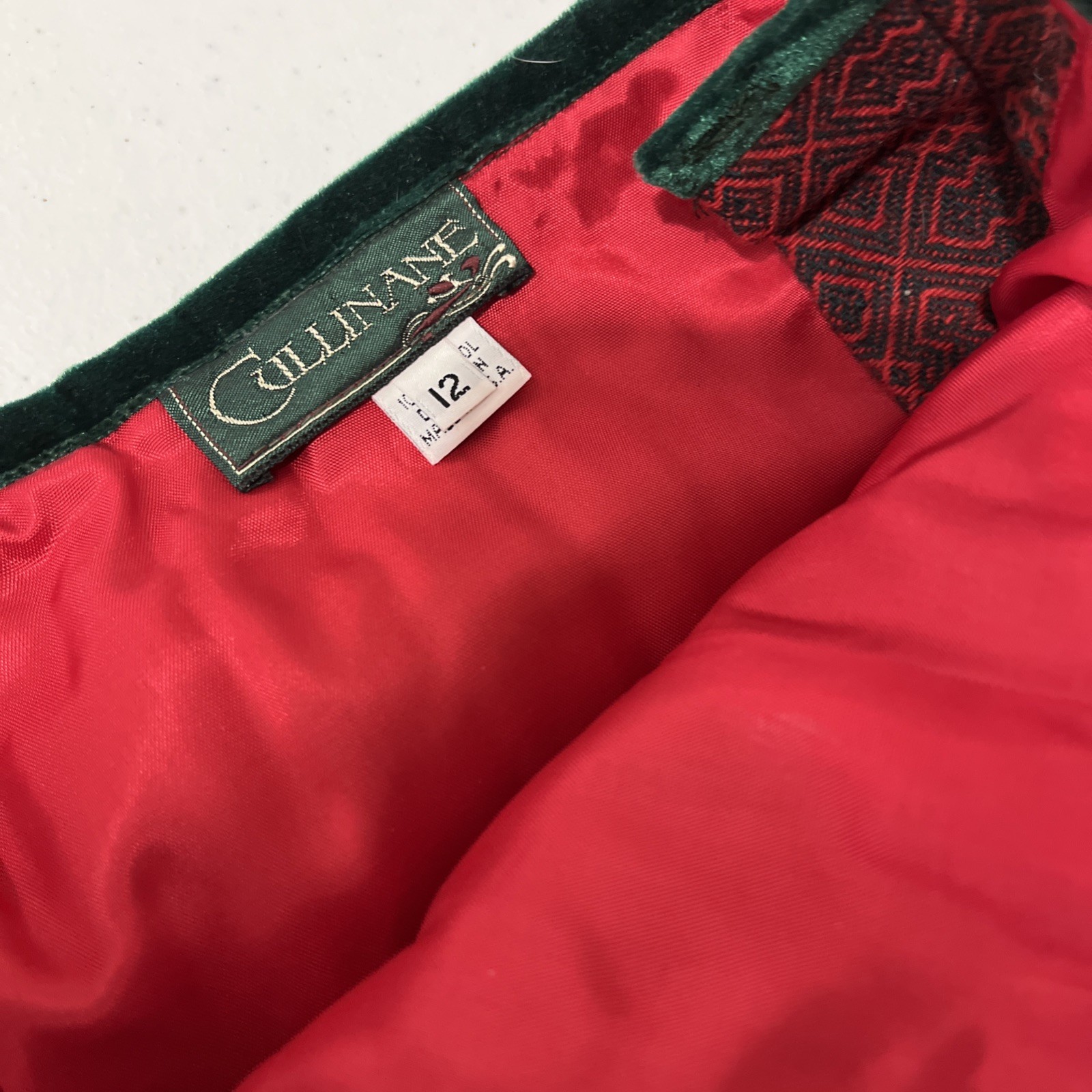 Vintage Cullinane Holiday Red Green Long Wool Pleated Skirt w/Velvet Trim Sz. 12