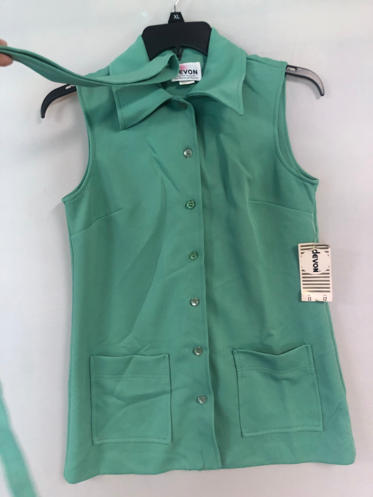Vtg 70s Devon Double Knit Belted Green Top Sz 38 Sleeveless Dacron Polyester NOS