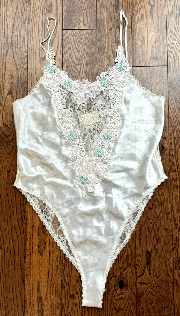 Victoria’s Secret Vintage Gold Label Lace Lingerie Bodysuit White Satin Blue S