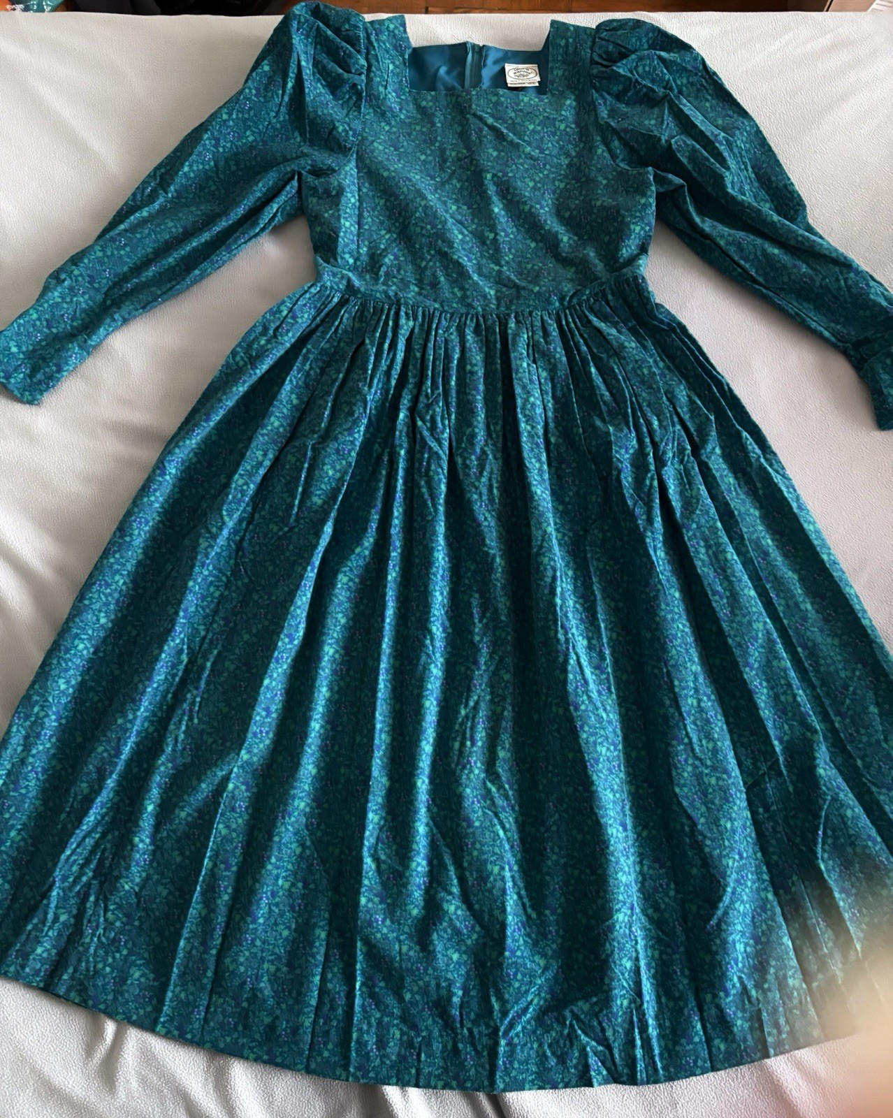 NWT Vintage Laura Ashley Teal Corduroy 80&rsquo;s Prairie Cottagecore Midi Dress 10