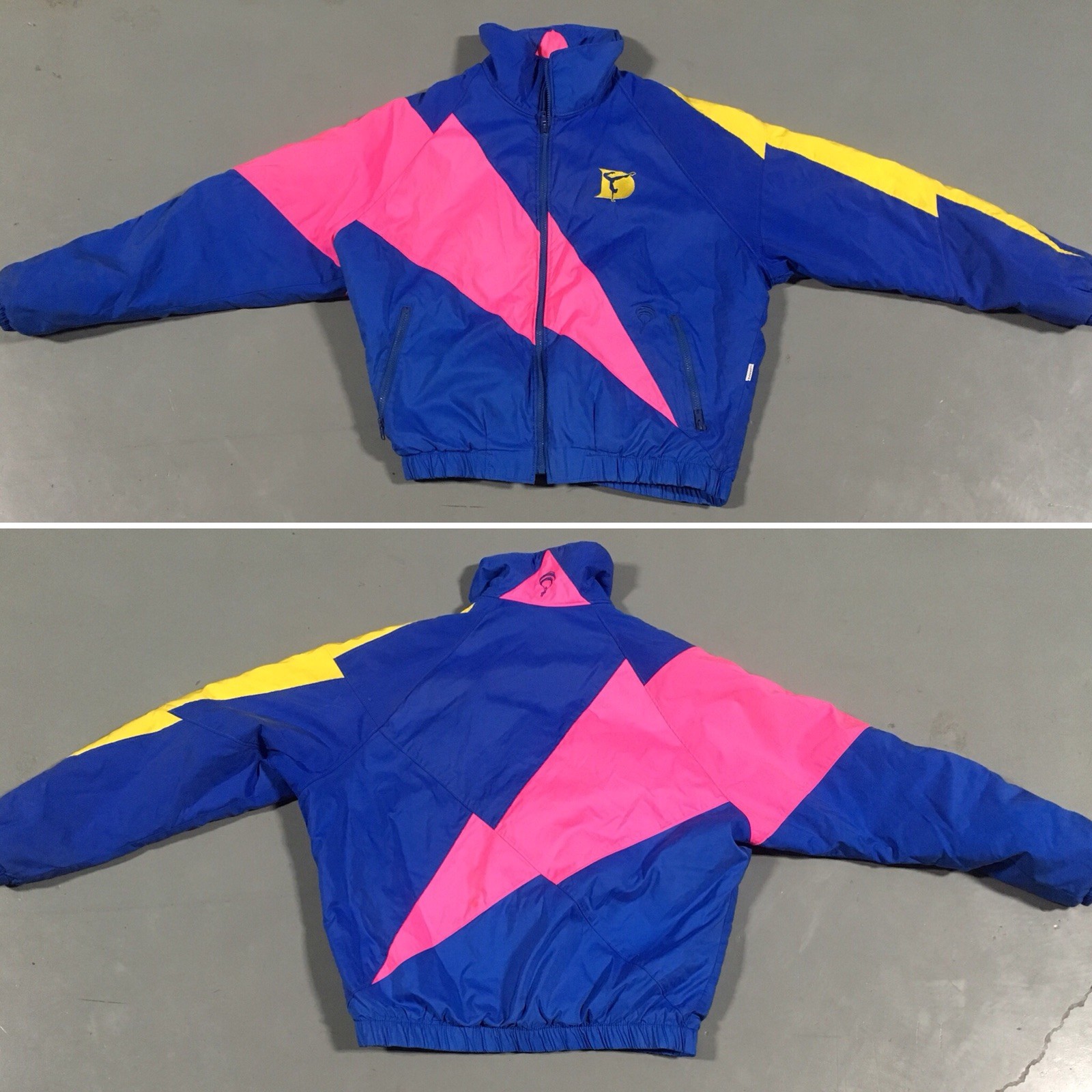 Vintage Color Block Jacket Blue Yellow Neon Pink Gymnastics Lightning Size M